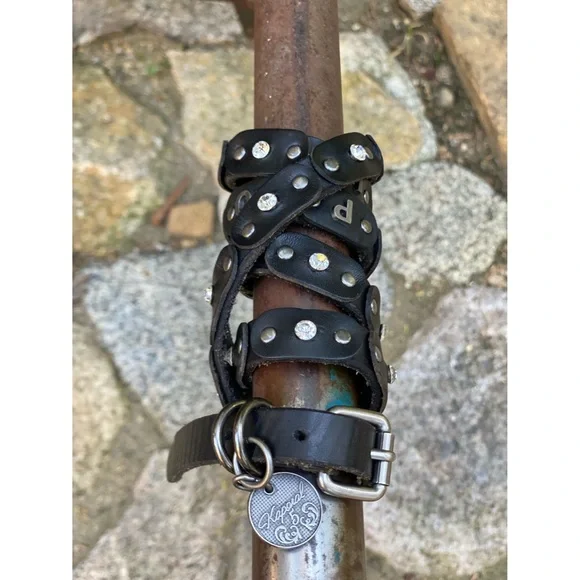 VNtG Y2K KAPORAL Leather Stud Rhinestone Skinny Belt Black Silver Wrap 90cm 34in - Picture 4 of 14